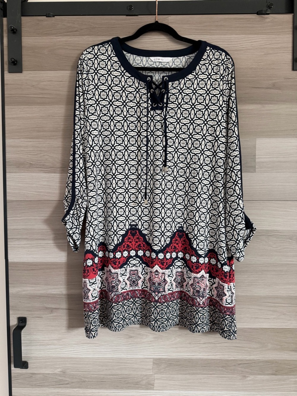 Cleo Geometric Medallion Print Lace-Up V-Neck Tunic Dress